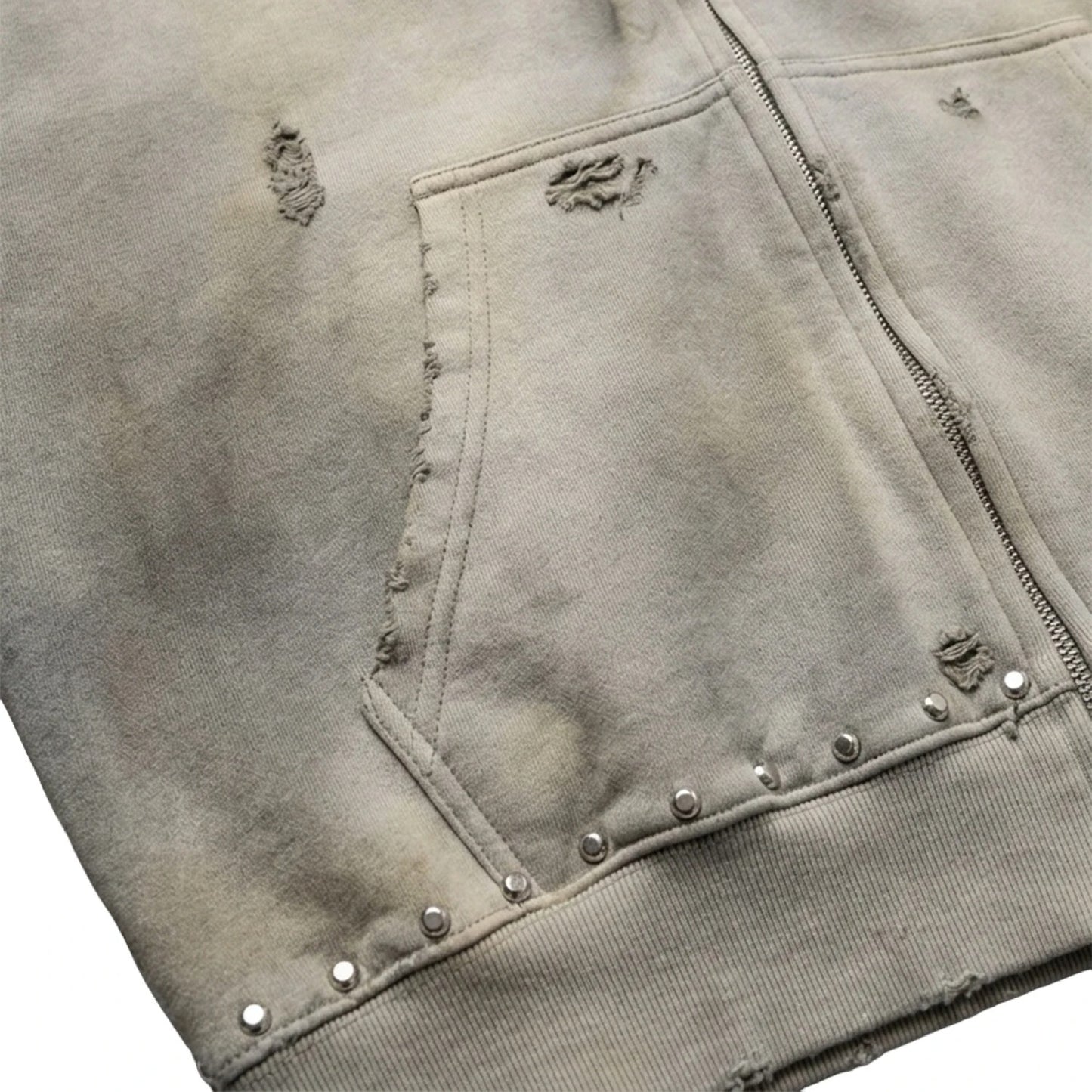 Washed Grey Zip-Up Hoodie with Stud Details and Distressing