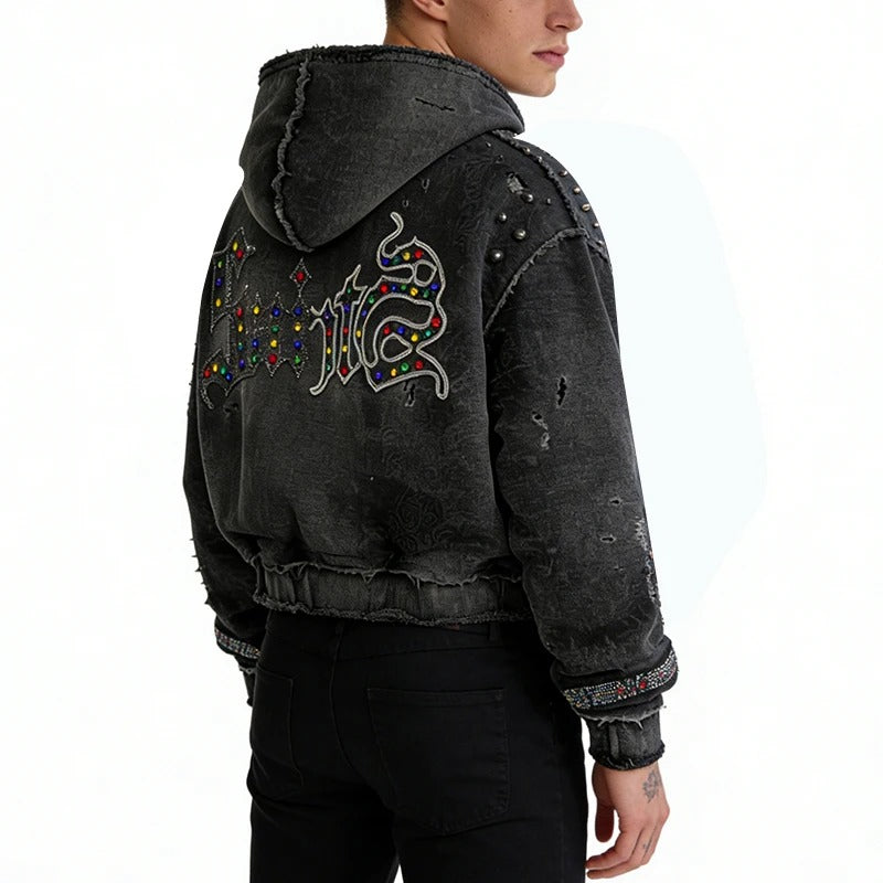 Black Distressed Zip-Up Hoodie with Rhinestone Graphics