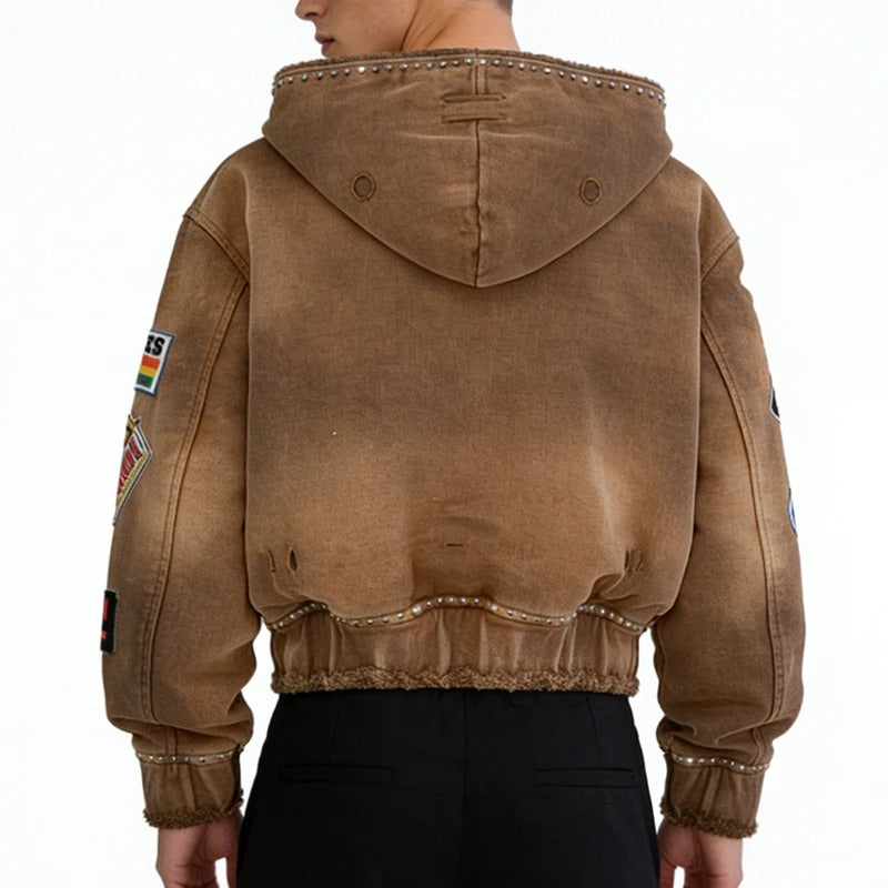 Brown Distressed Zip-Up Hoodie with Patch Graphics