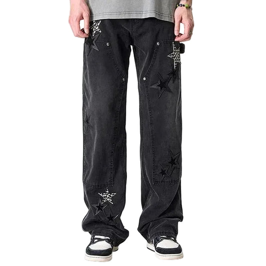 Black Star Patch Wide-Leg Cargo Jeans