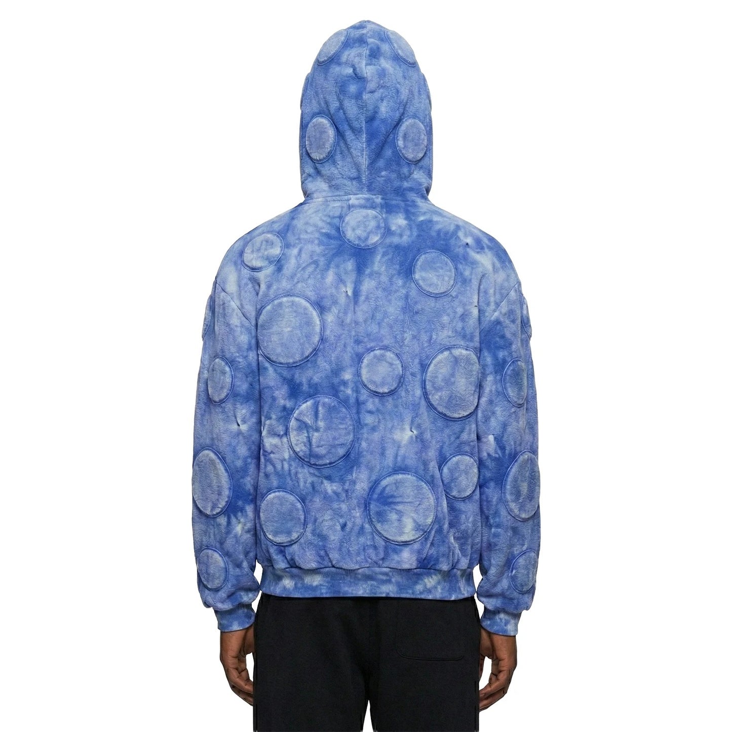 Blue Washed Zip-Up Hoodie with Raised Circular Appliqués