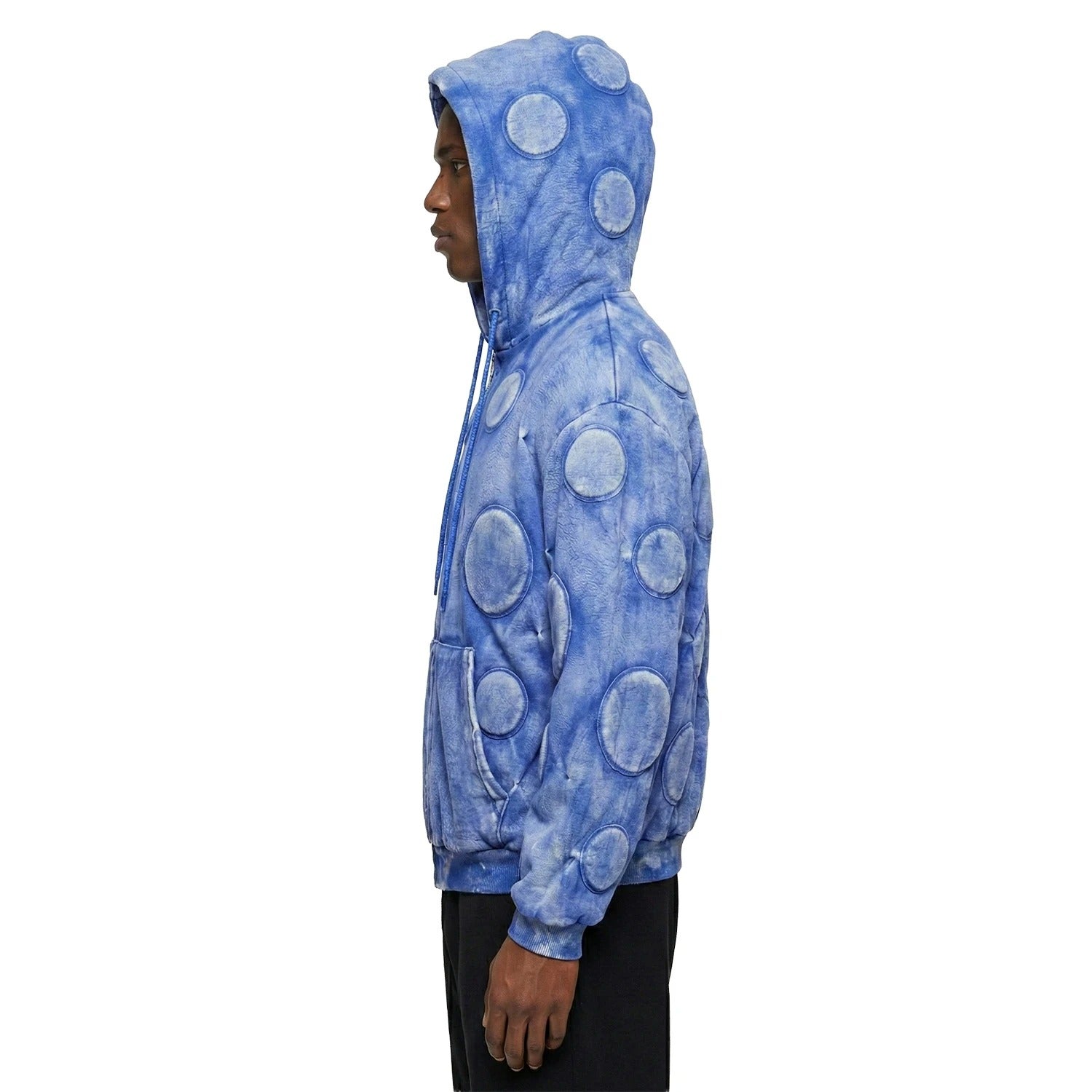 Blue Washed Zip-Up Hoodie with Raised Circular Appliqués
