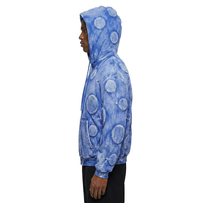 Blue Washed Zip-Up Hoodie with Raised Circular Appliqués