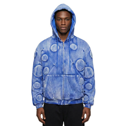 Blue Washed Zip-Up Hoodie with Raised Circular Appliqués