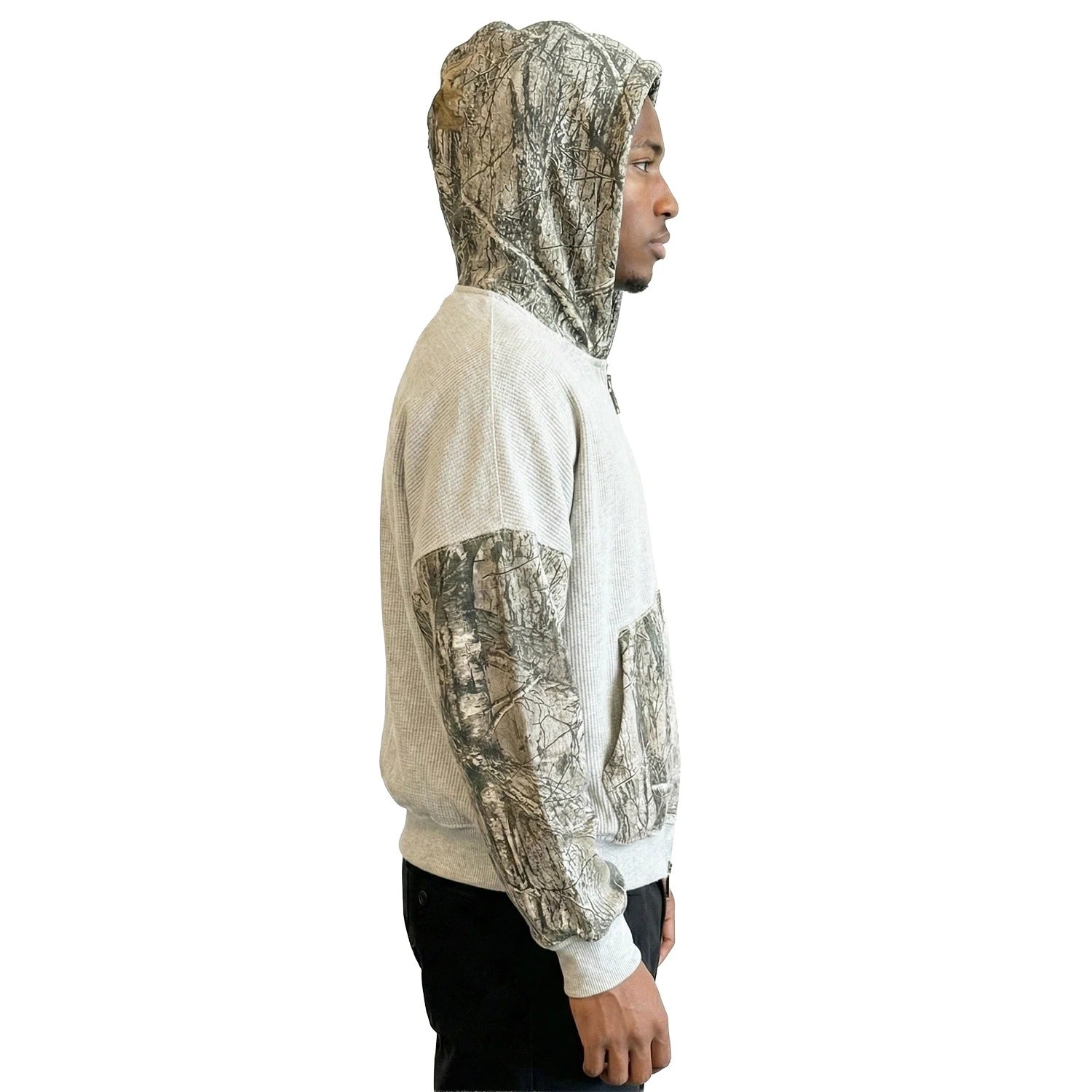 Grey Waffle-Knit Zip-Up Hoodie with Camouflage Print Panels