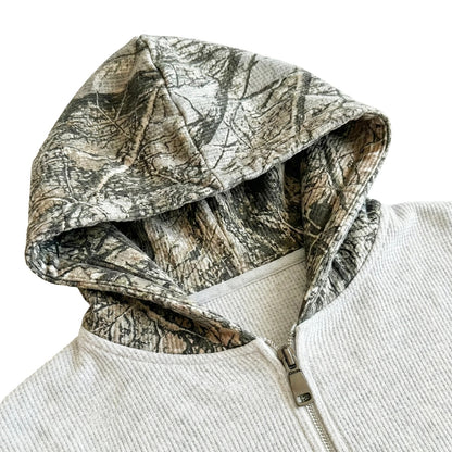 Grey Waffle-Knit Zip-Up Hoodie with Camouflage Print Panels