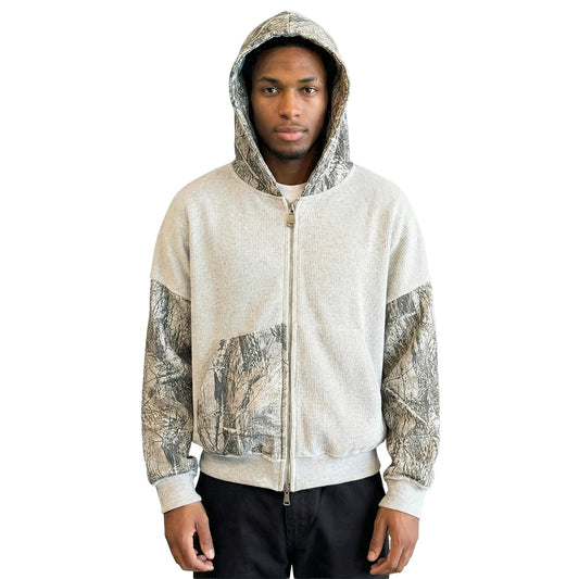 Grey Waffle-Knit Zip-Up Hoodie with Camouflage Print Panels