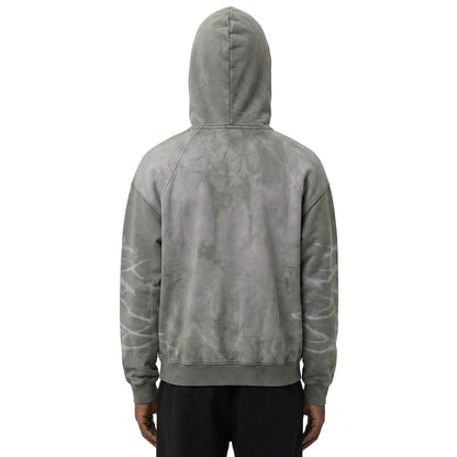 Grey Washed Zip-Up Hoodie with Lightning-Style Bleach Marks