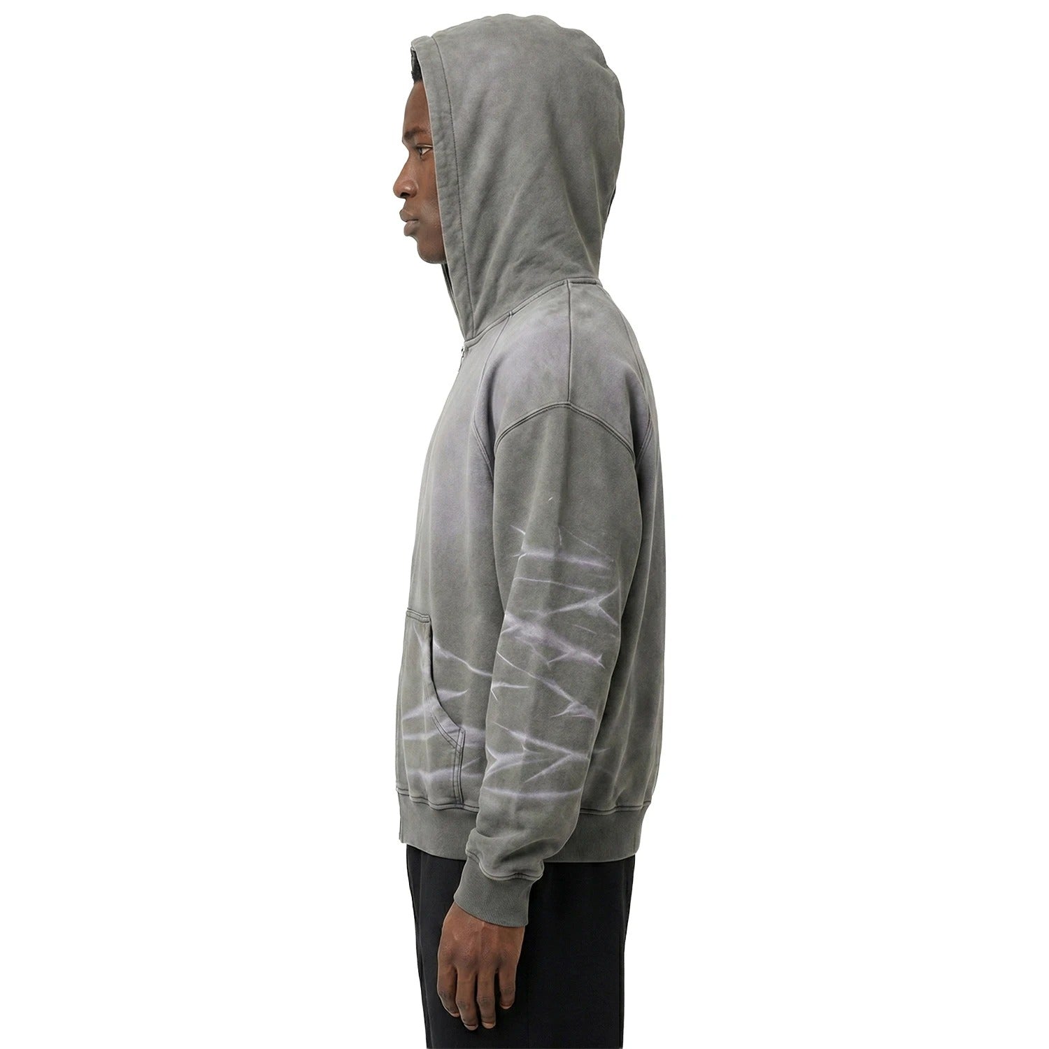 Grey Washed Zip-Up Hoodie with Lightning-Style Bleach Marks