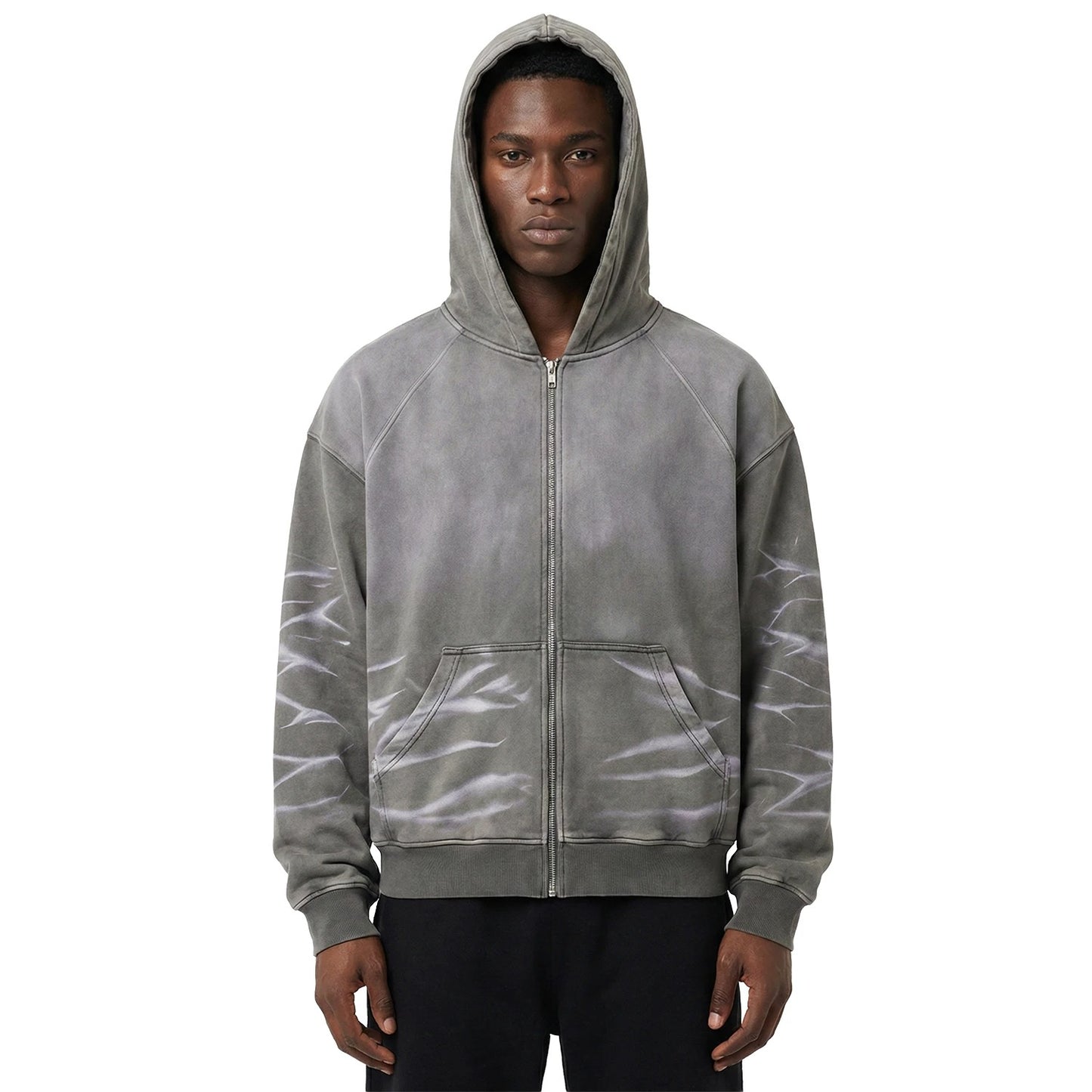 Grey Washed Zip-Up Hoodie with Lightning-Style Bleach Marks
