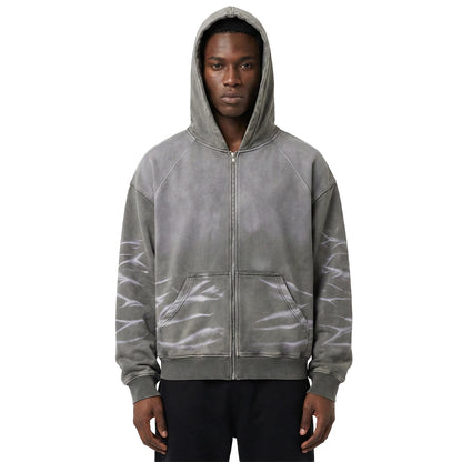Grey Washed Zip-Up Hoodie with Lightning-Style Bleach Marks
