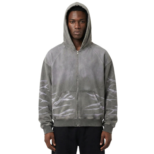 Grey Washed Zip-Up Hoodie with Lightning-Style Bleach Marks