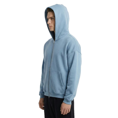 Light Blue Zip-Up Hoodie with Drop Shoulders and Kangaroo Pockets