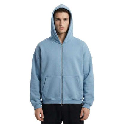 Light Blue Zip-Up Hoodie with Drop Shoulders and Kangaroo Pockets
