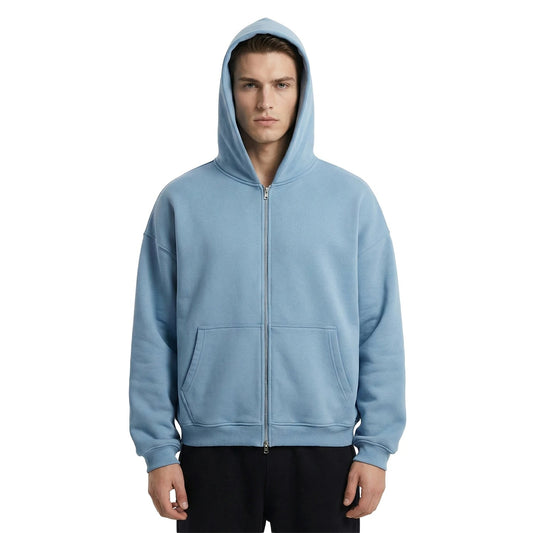 Light Blue Zip-Up Hoodie with Drop Shoulders and Kangaroo Pockets