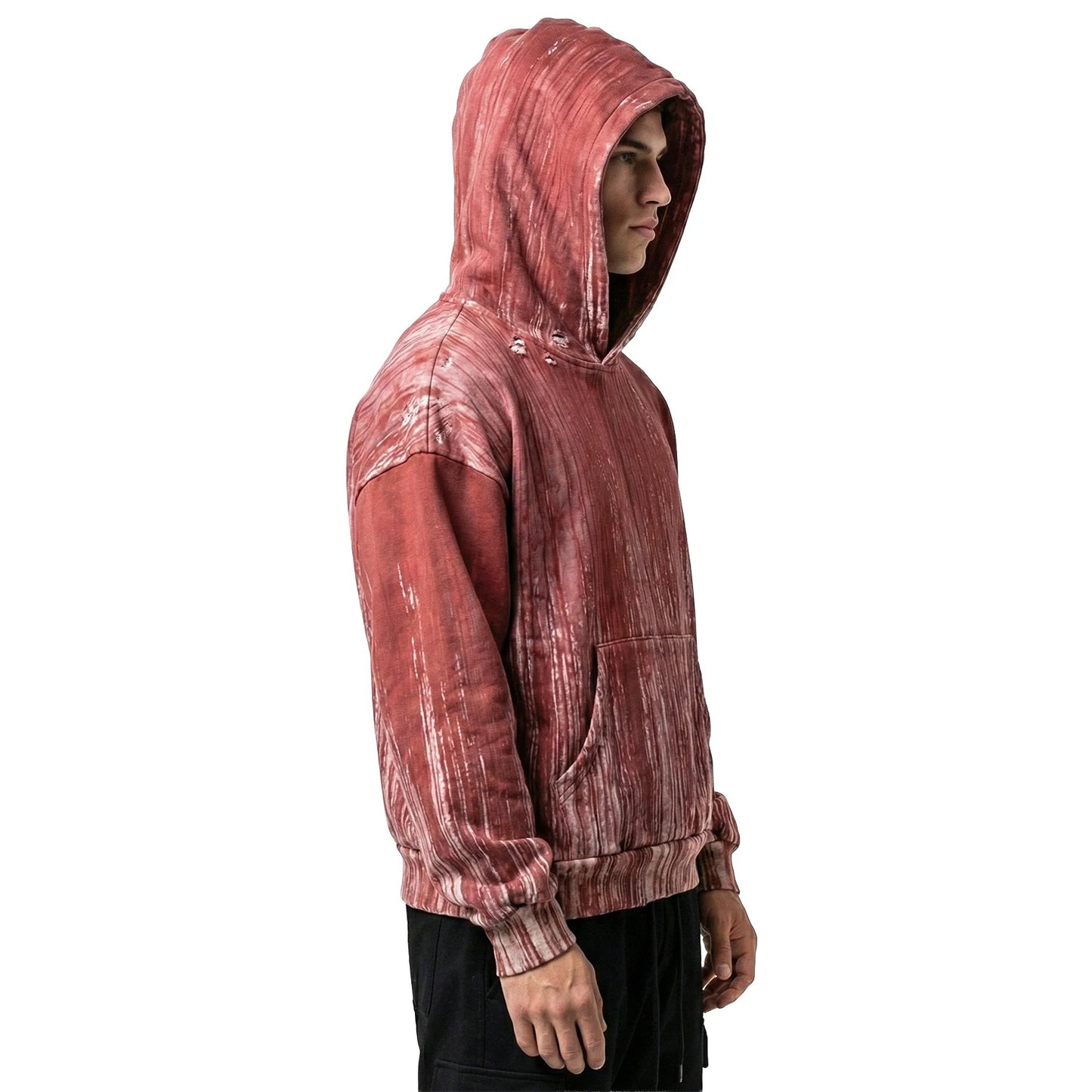 Red Pullover Hoodie with Vertical Striped Wash Effect