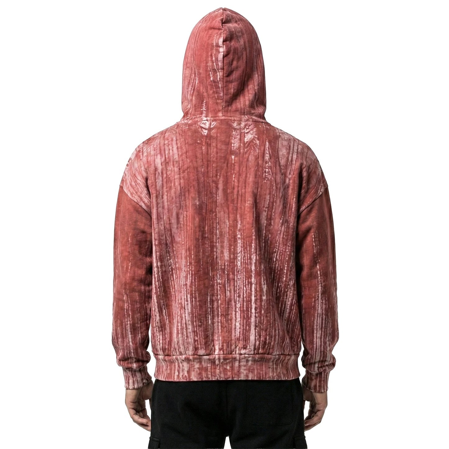 Red Pullover Hoodie with Vertical Striped Wash Effect