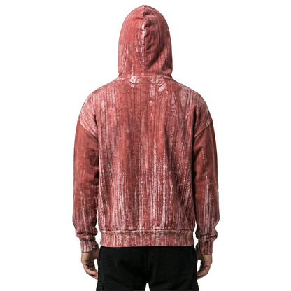 Red Pullover Hoodie with Vertical Striped Wash Effect