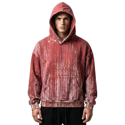 Red Pullover Hoodie with Vertical Striped Wash Effect