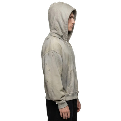 Washed Grey Zip-Up Hoodie with Stud Details and Distressing