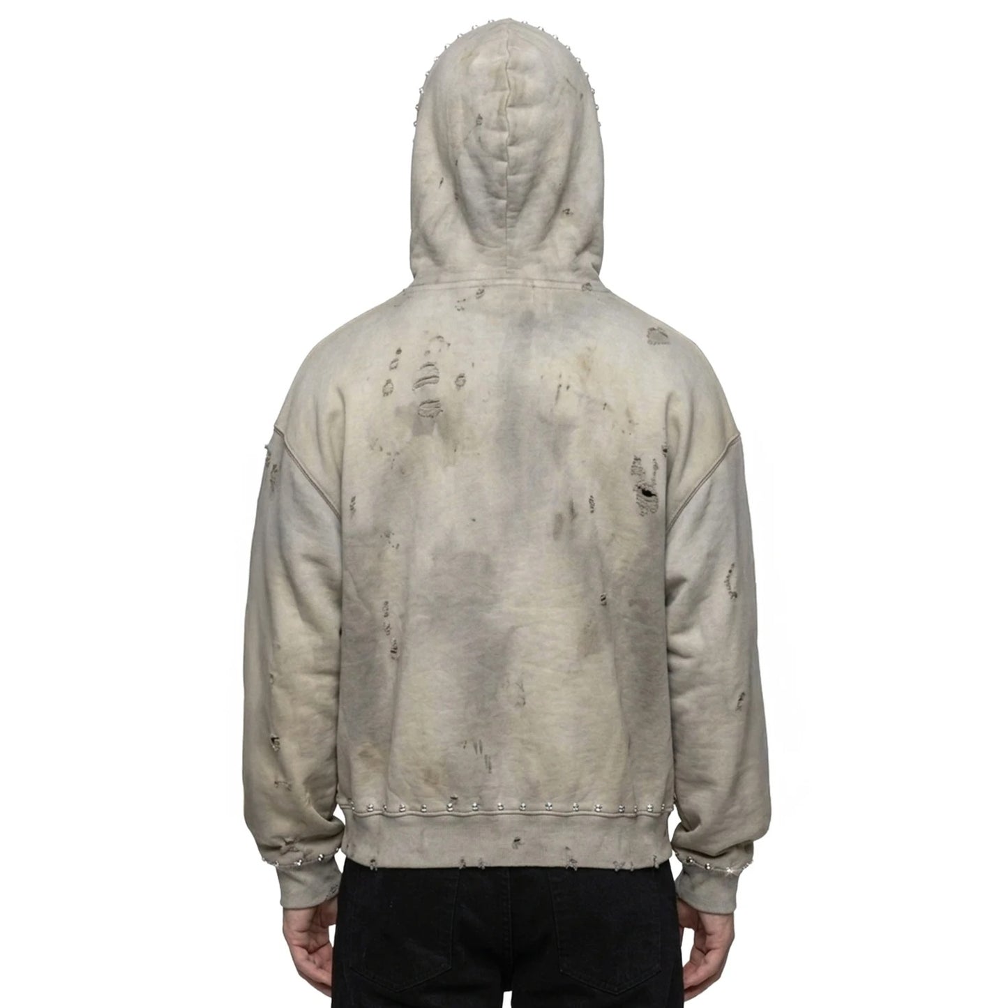 Washed Grey Zip-Up Hoodie with Stud Details and Distressing