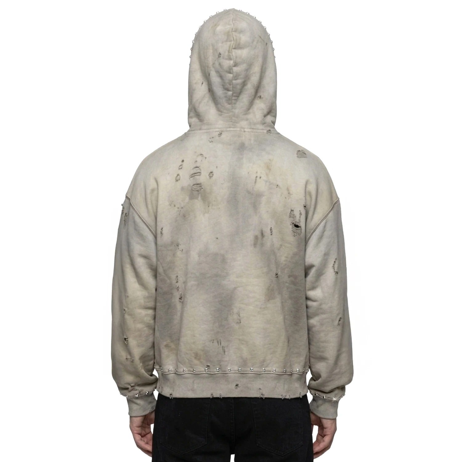 Washed Grey Zip-Up Hoodie with Stud Details and Distressing