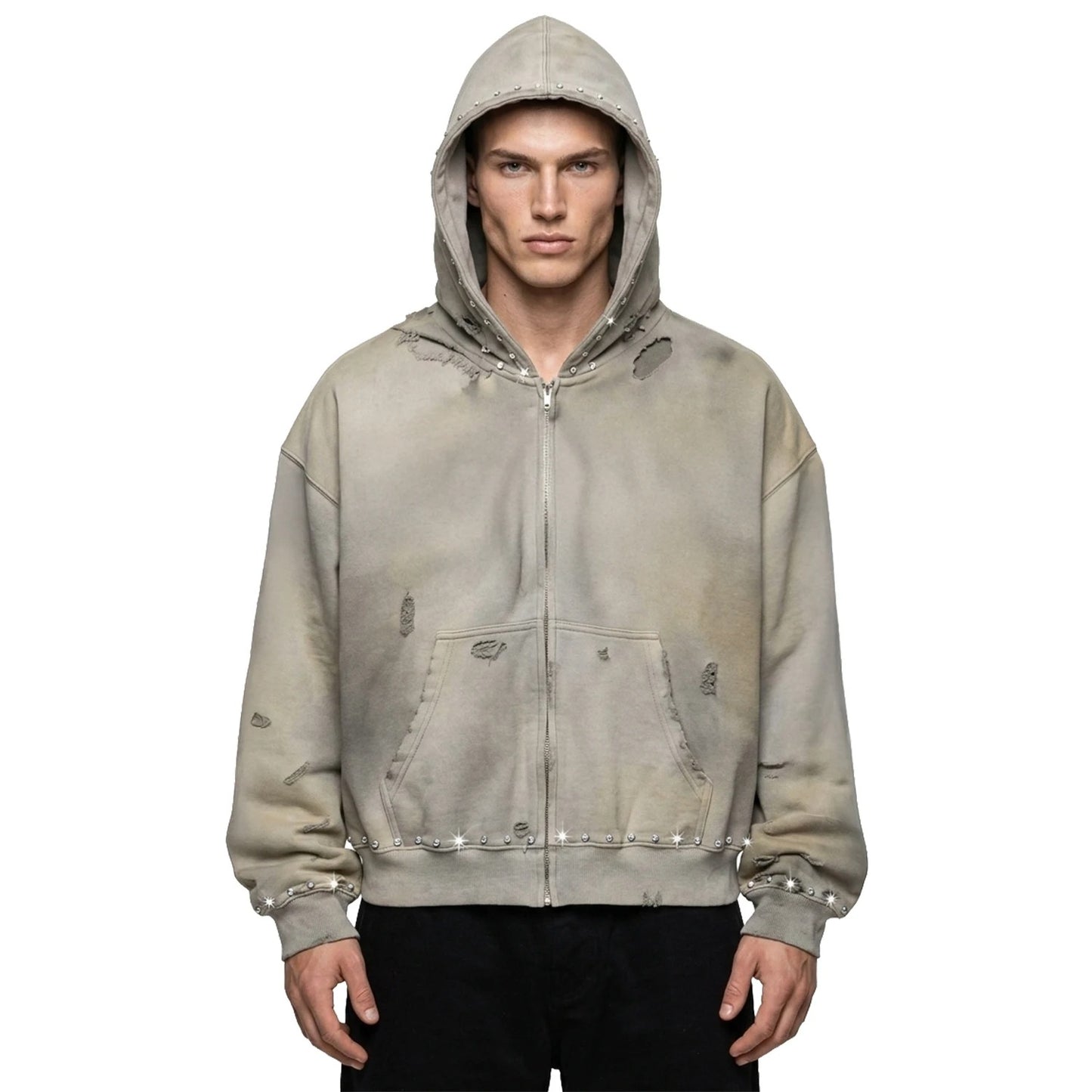 Washed Grey Zip-Up Hoodie with Stud Details and Distressing