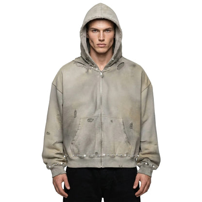 Washed Grey Zip-Up Hoodie with Stud Details and Distressing