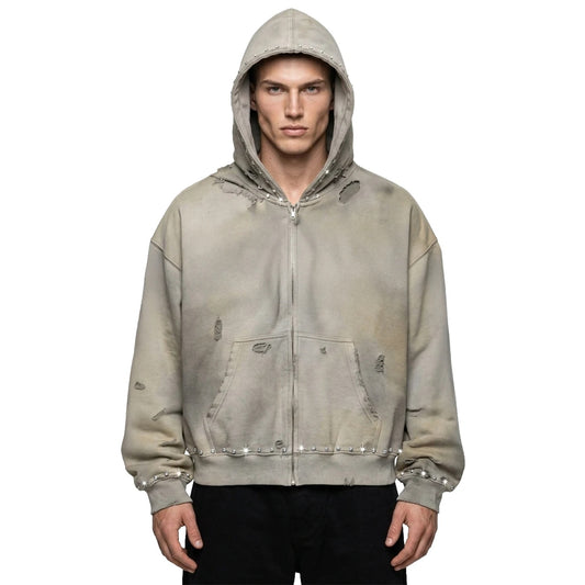 Washed Grey Zip-Up Hoodie with Stud Details and Distressing
