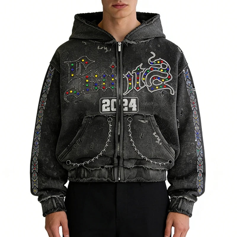 Black Distressed Zip-Up Hoodie with Rhinestone Graphics