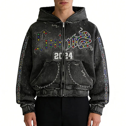 Black Distressed Zip-Up Hoodie with Rhinestone Graphics