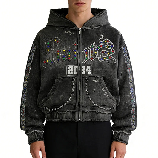 Black Distressed Zip-Up Hoodie with Rhinestone Graphics