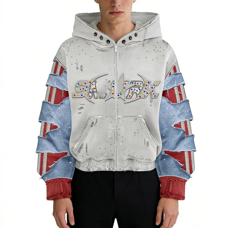 White and Blue Distressed Zip-Up Hoodie with Cut-Out Sleeves