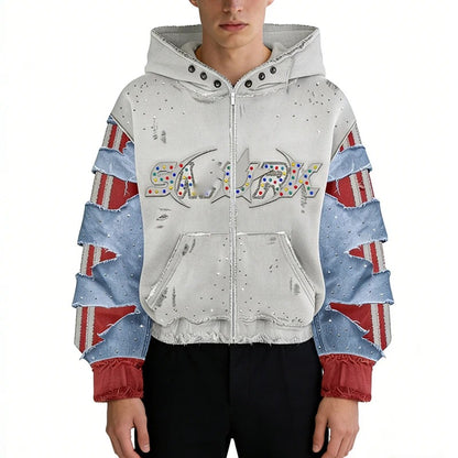 White and Blue Distressed Zip-Up Hoodie with Cut-Out Sleeves