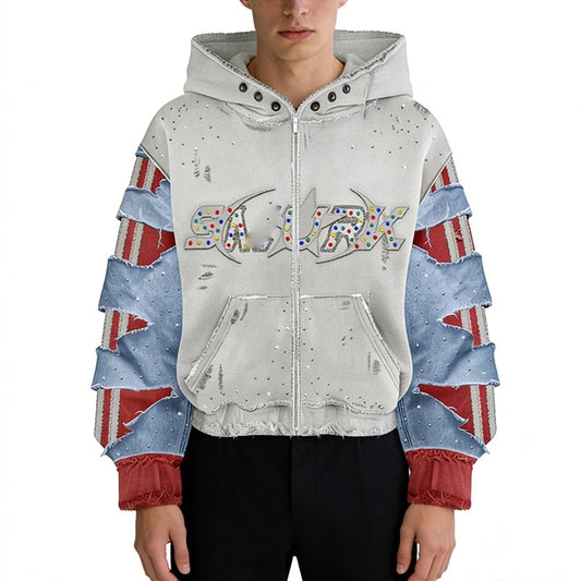White and Blue Distressed Zip-Up Hoodie with Cut-Out Sleeves