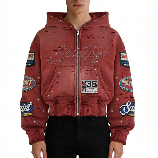 Red Distressed Zip-Up Hoodie with Patch Graphics
