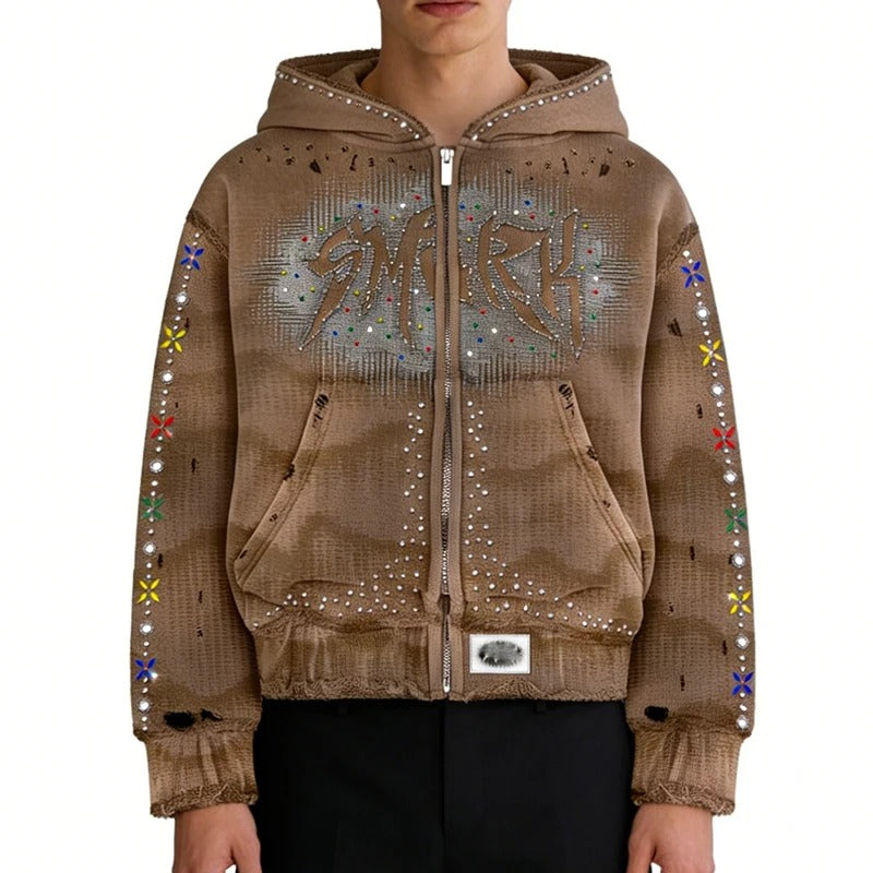 Brown Rhinestone Zip-Up Hoodie with Floral Sleeve Details