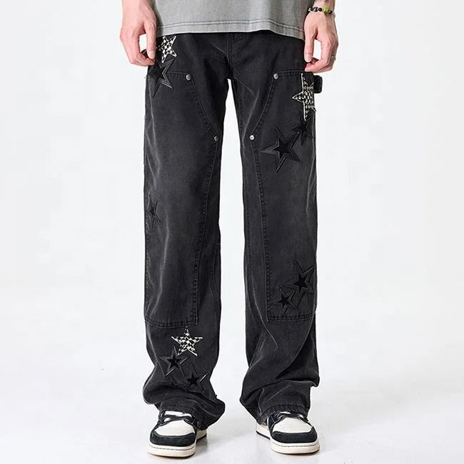 Black Star Patch Wide-Leg Cargo Jeans