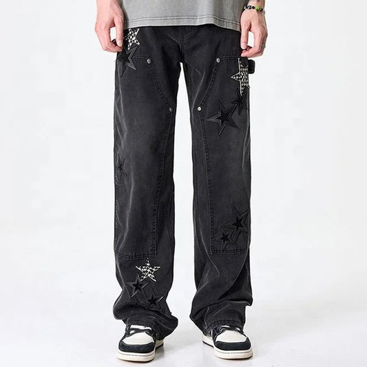 Black Star Patch Wide-Leg Cargo Jeans