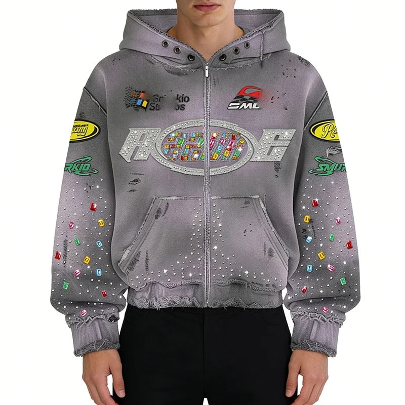 Grey Distressed Zip-Up Hoodie with Rhinestone Logo Graphic
