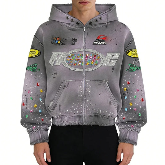 Grey Distressed Zip-Up Hoodie with Rhinestone Logo Graphic