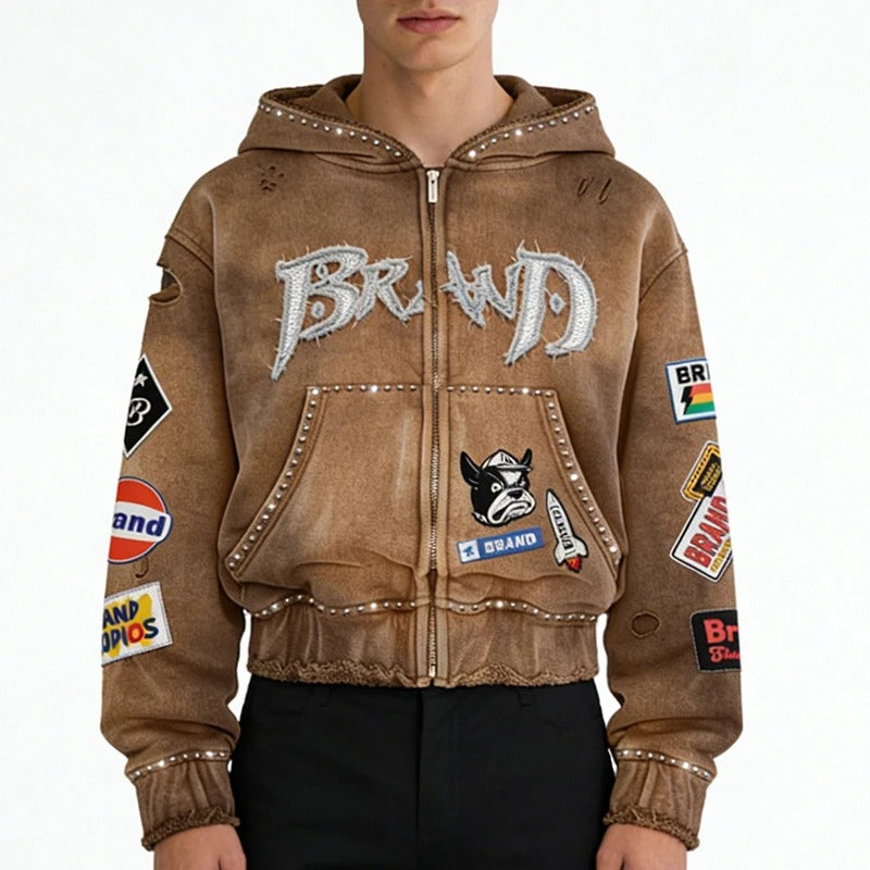 Brown Distressed Zip-Up Hoodie with Patch Graphics