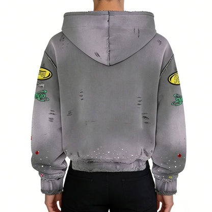 Grey Distressed Zip-Up Hoodie with Rhinestone Logo Graphic