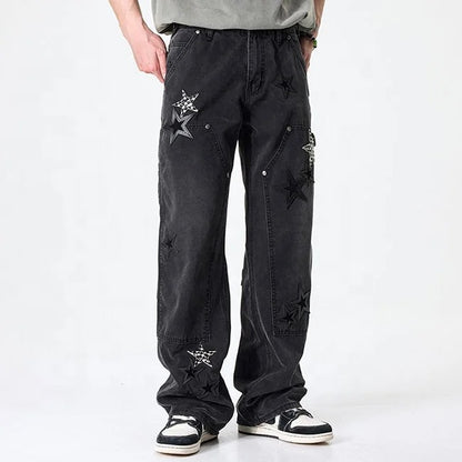 Black Star Patch Wide-Leg Cargo Jeans
