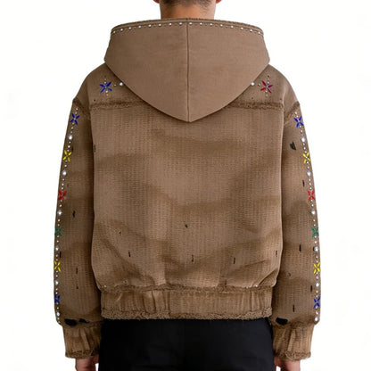 Brown Rhinestone Zip-Up Hoodie with Floral Sleeve Details