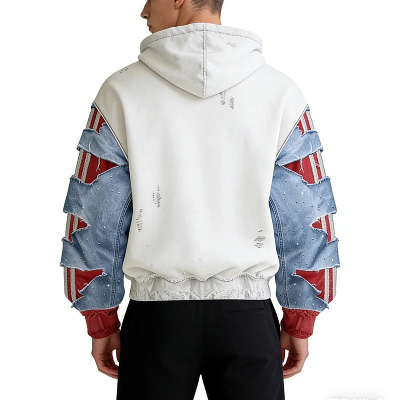 White and Blue Distressed Zip-Up Hoodie with Cut-Out Sleeves