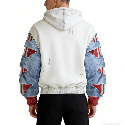White and Blue Distressed Zip-Up Hoodie with Cut-Out Sleeves