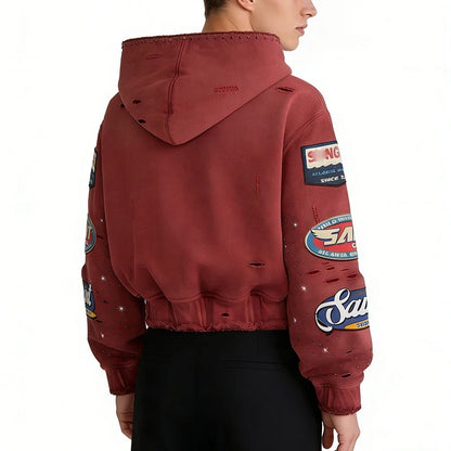 Red Distressed Zip-Up Hoodie with Patch Graphics