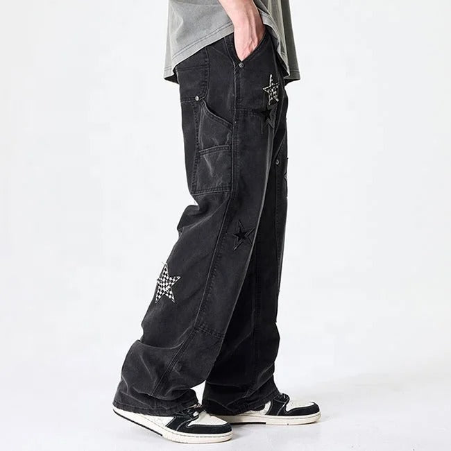 Black Star Patch Wide-Leg Cargo Jeans