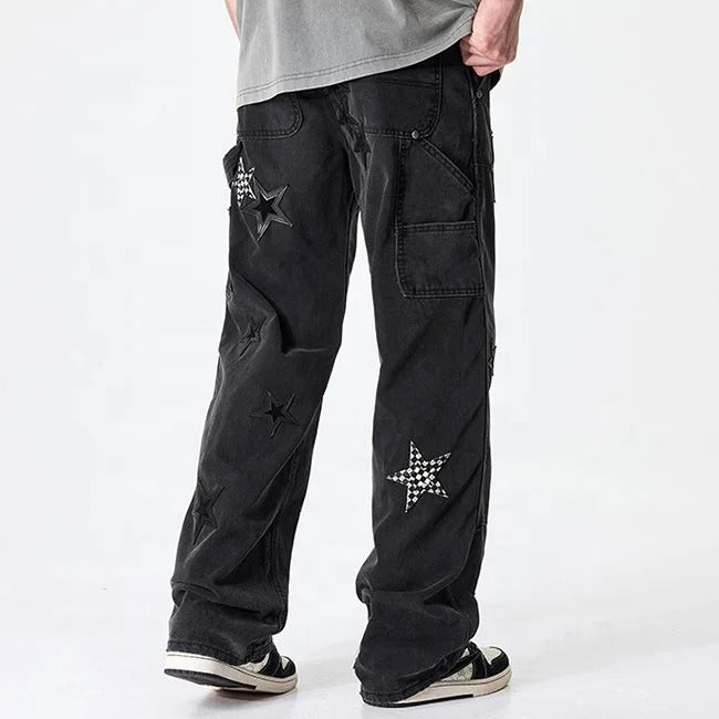 Black Star Patch Wide-Leg Cargo Jeans